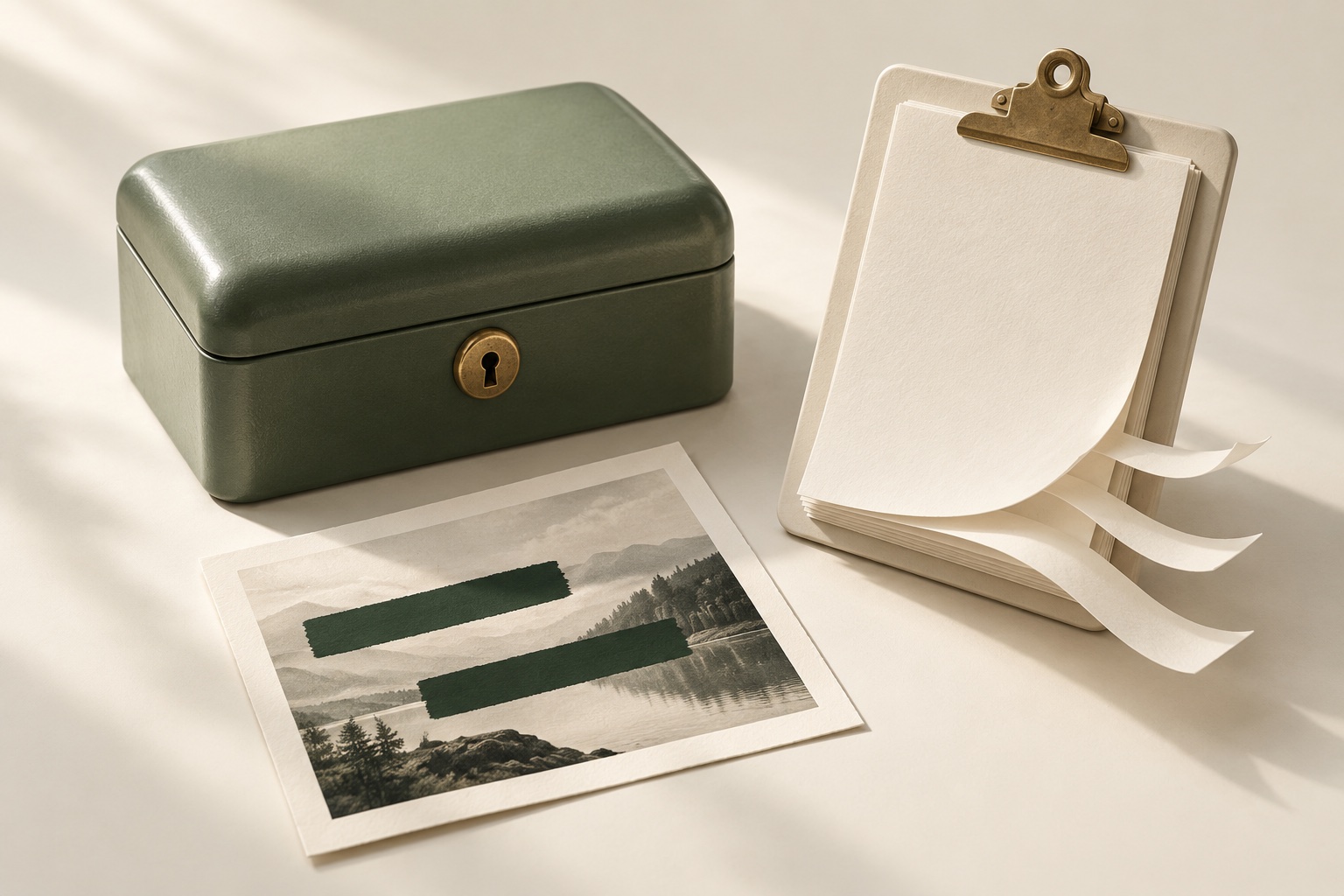 A sage lockbox, a redacted photograph and a paper clipboard in warm daylight